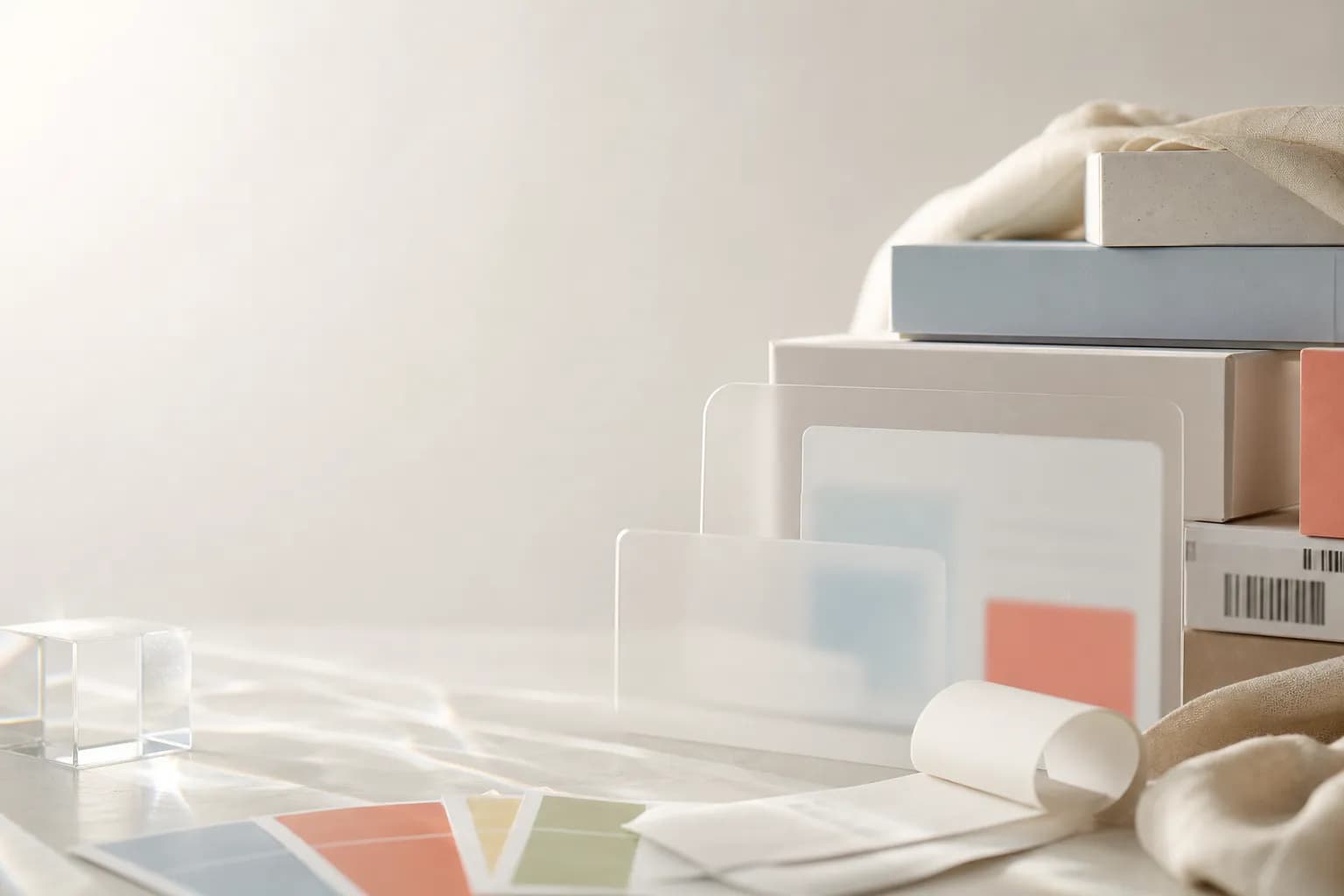 Warm editorial interior still life with stone, paper, and soft daylight