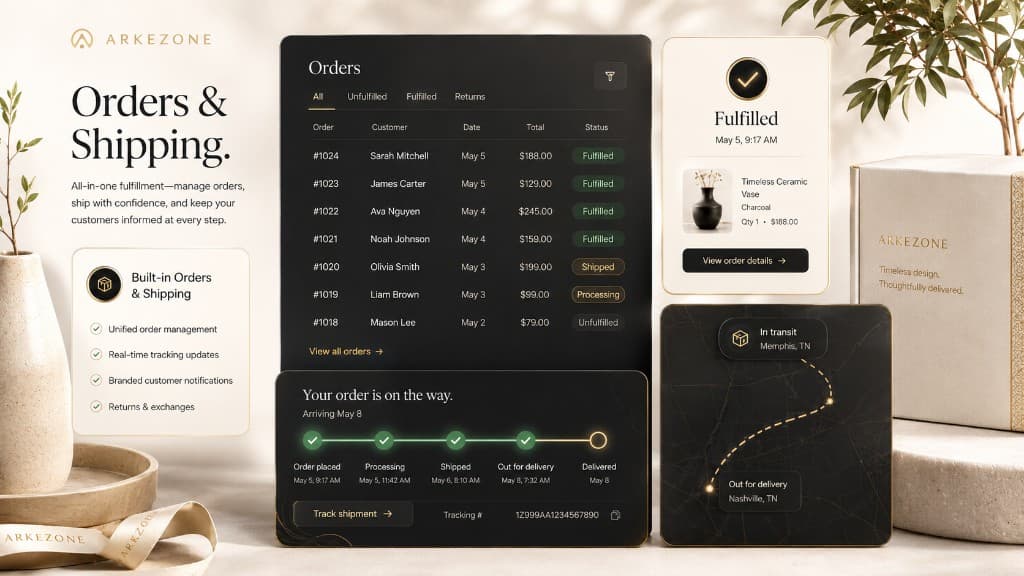 Arkezone orders and shipping dashboard with fulfillment tracking, status updates, and delivery timeline