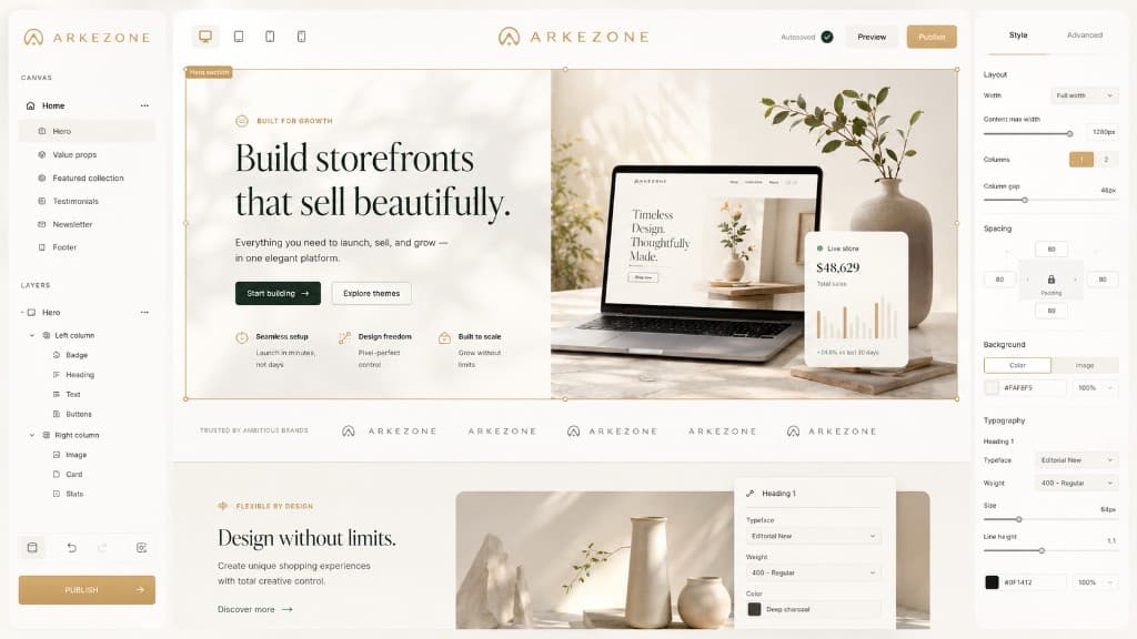 Arkezone visual builder — storefront canvas with editorial typography and live preview