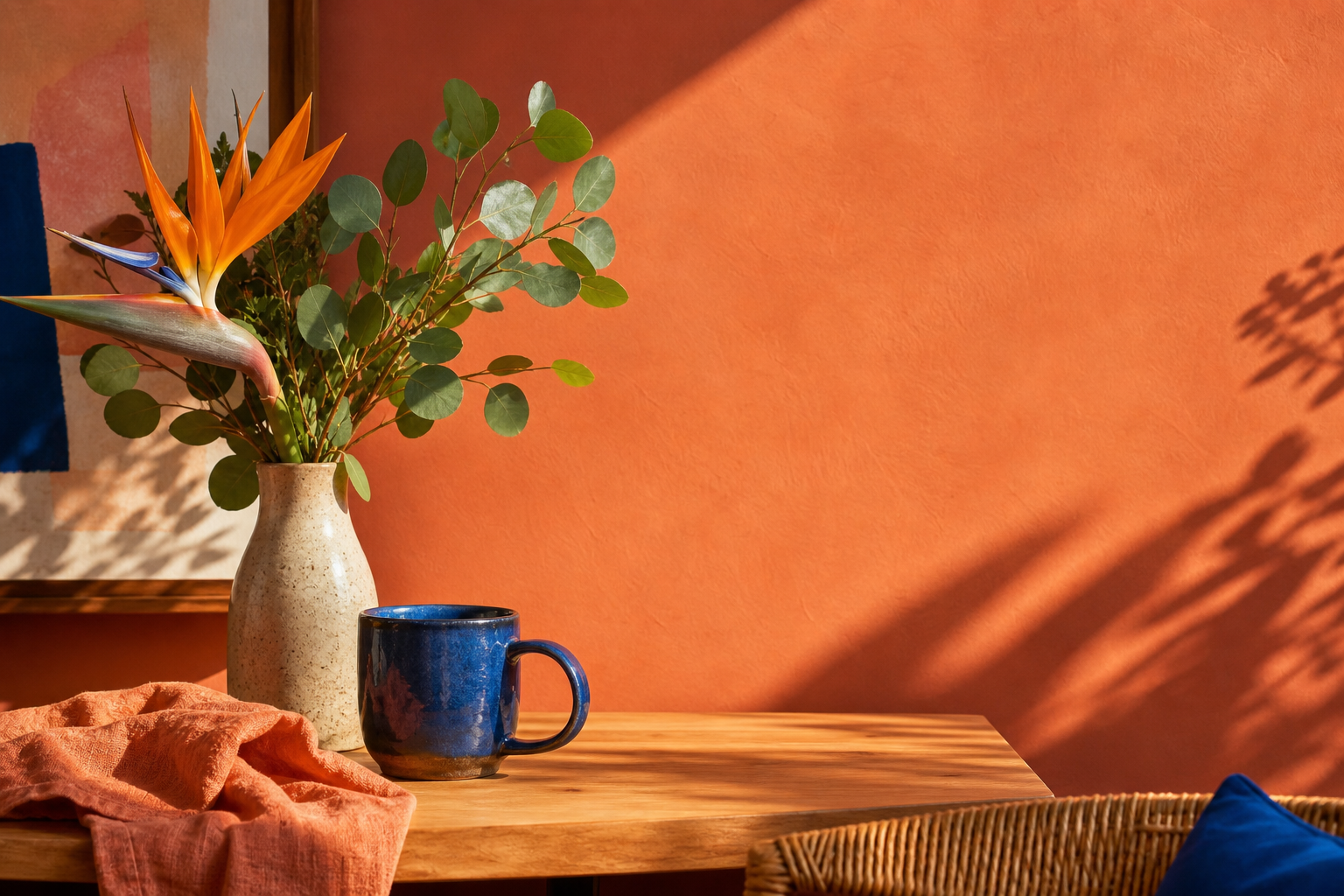 Sunlit terracotta studio corner with a deep-blue ceramic mug and bird-of-paradise