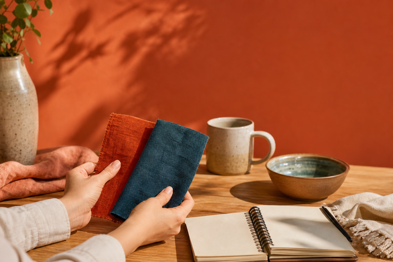 Maker's hands comparing rust and teal fabric swatches over a sunlit table with ceramics and a notebook