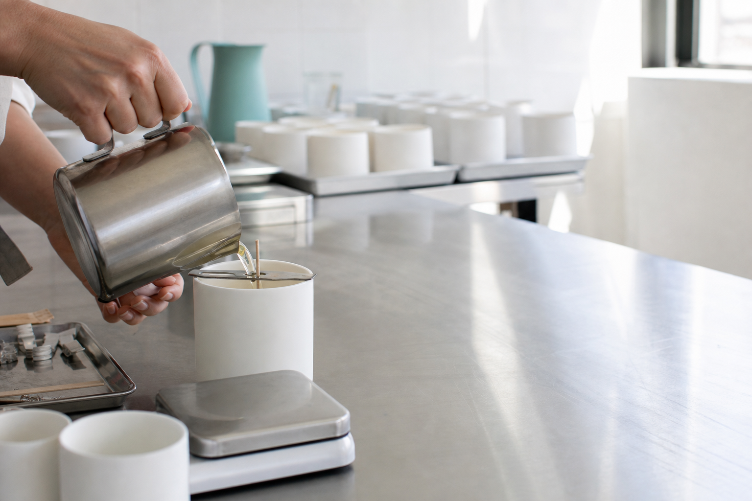 Maker's hands pouring soy wax into a white ceramic candle vessel in a bright modern workshop