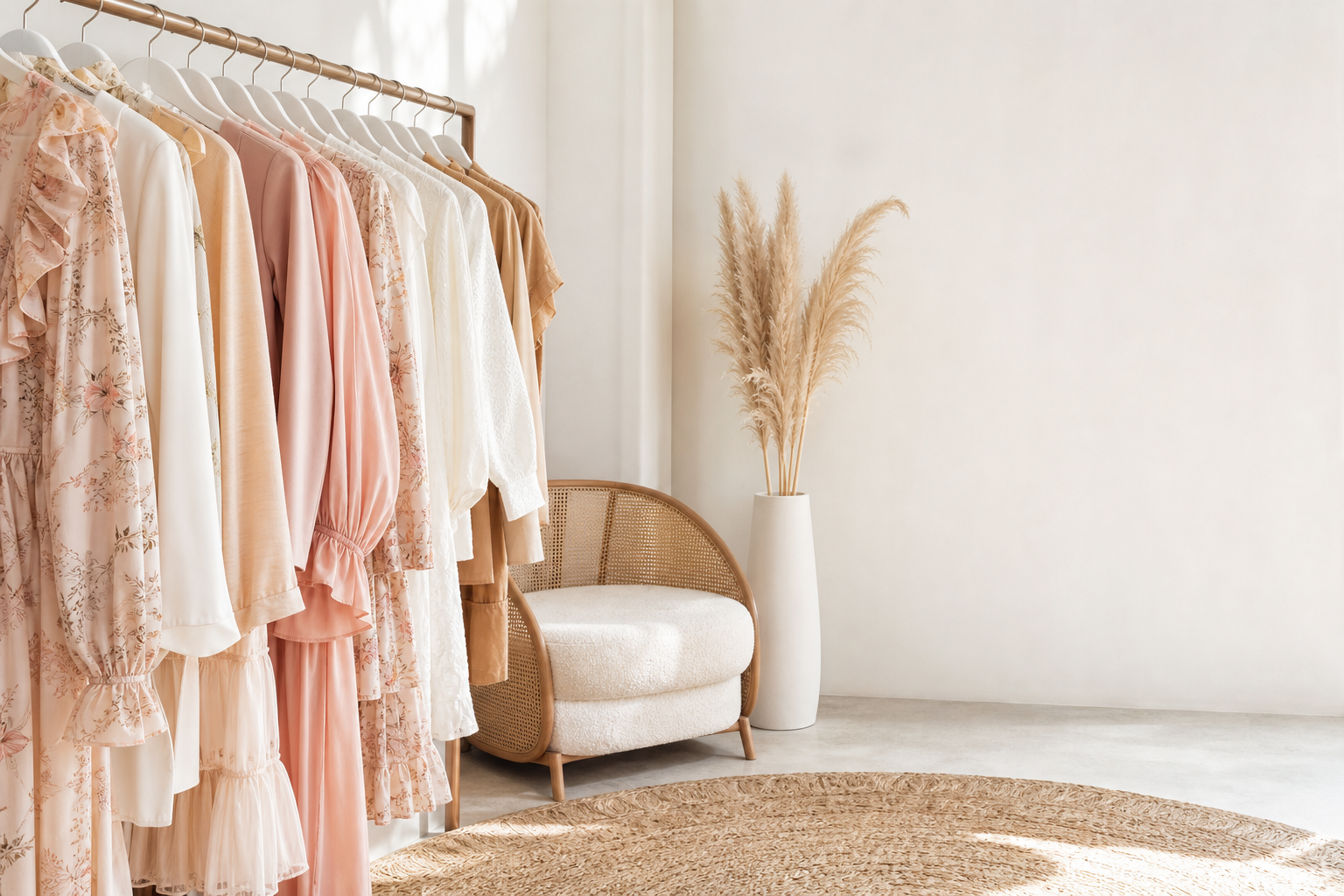 Bright fashion boutique clothing rail in blush and cream with a cane chair