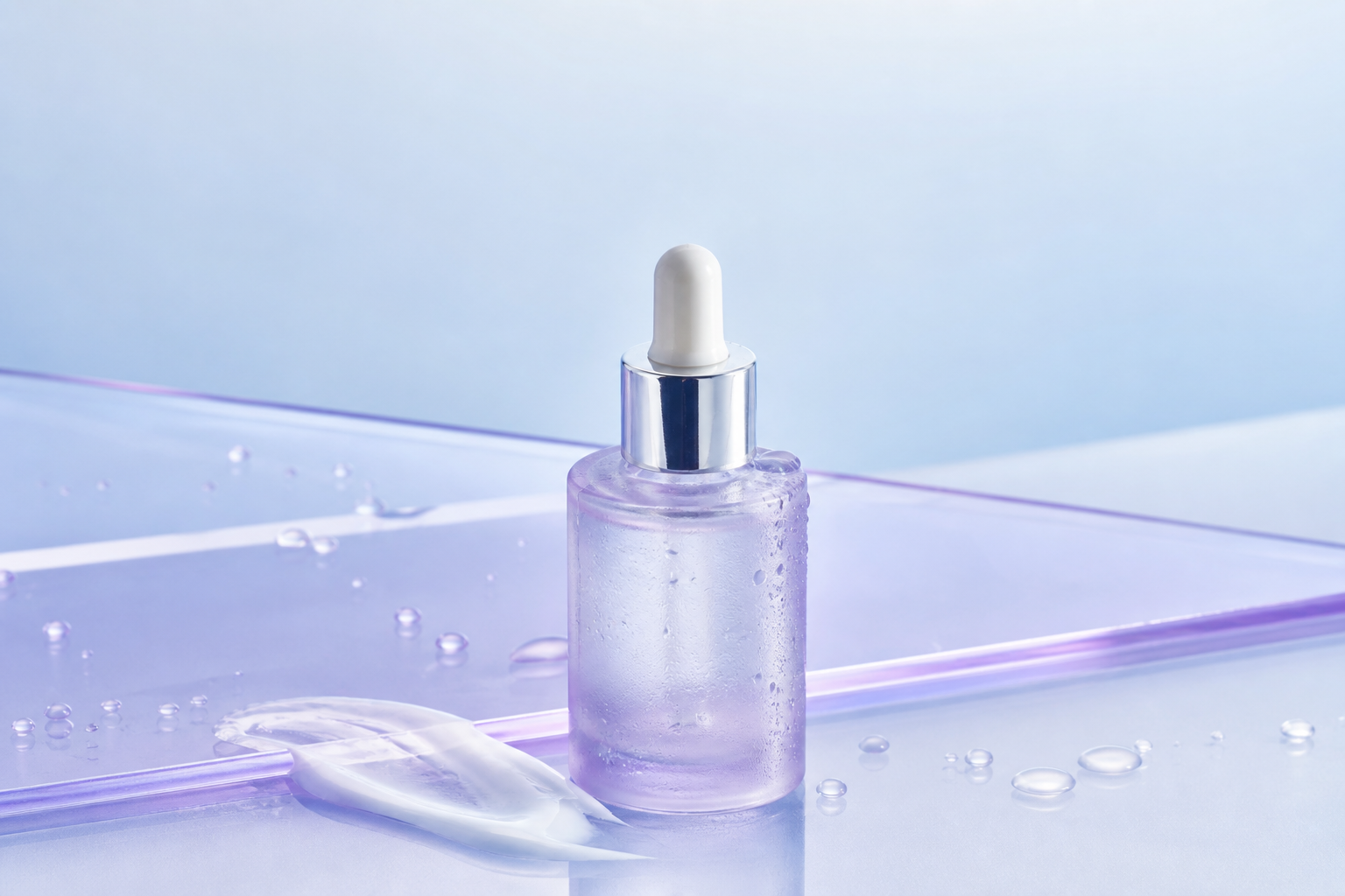 Clean cosmetics serum dropper bottle on a lilac-and-blue gradient surface with water droplets