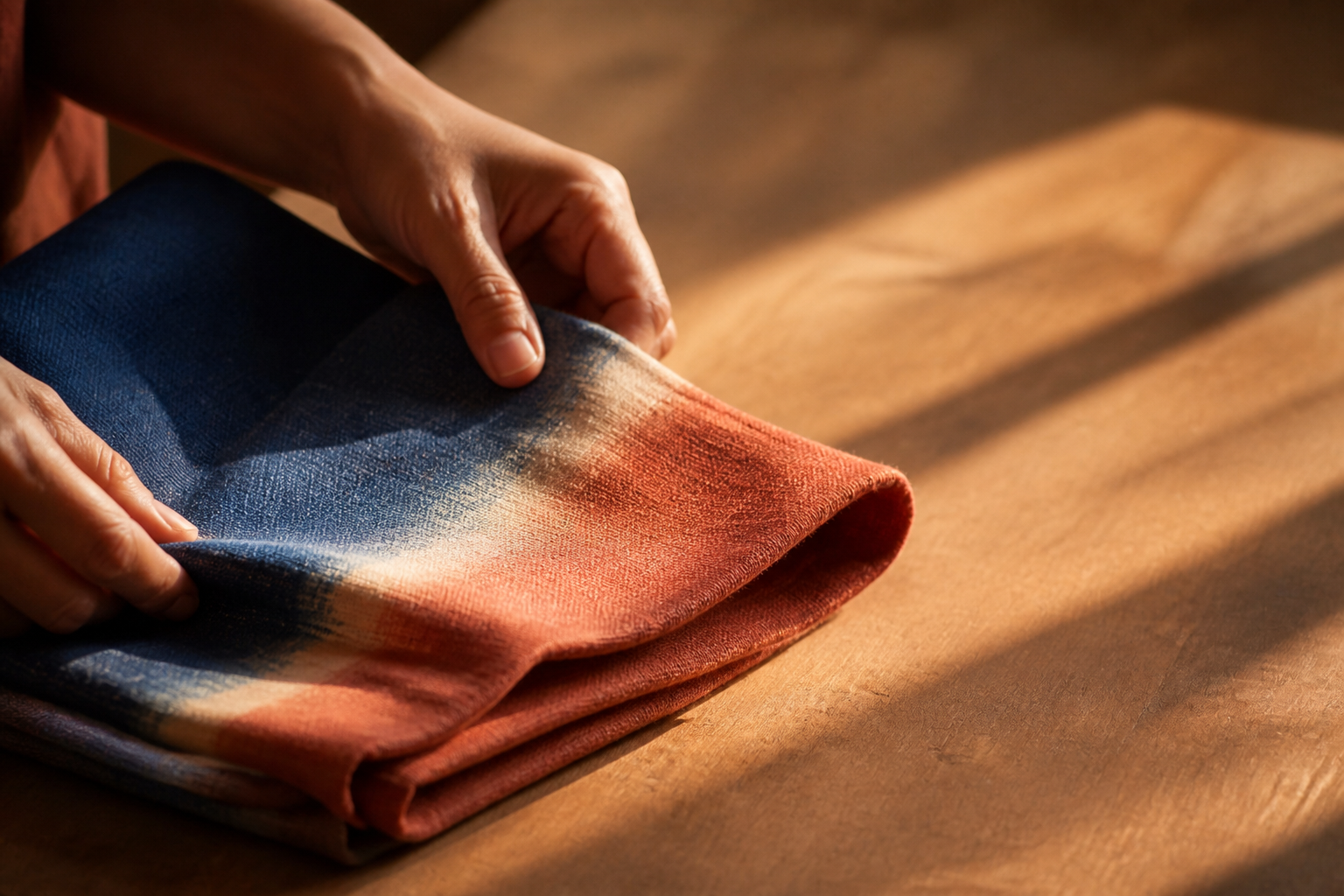 Hands folding a hand-dyed indigo-and-rust textile in soft directional light