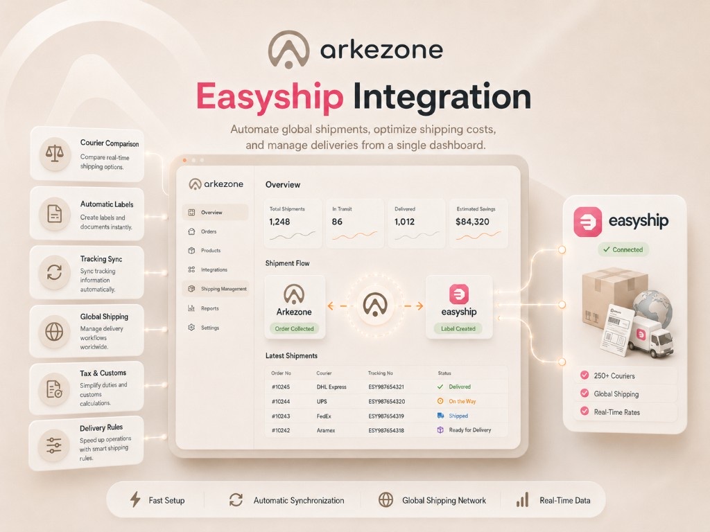 Arkezone Easyship integration — global carriers, labels, tracking sync, and shipment flow in one workspace